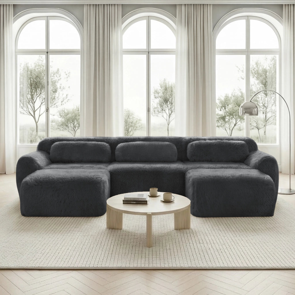 Divano Modulare a U con Pouf; Supporto Ergonomico e Base Antiscivolo; in Peluche; Grigio