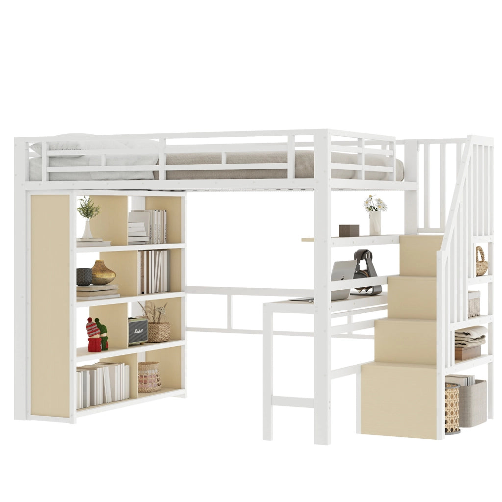 LETTO a soppalco 140x200 cm Metallo Bianco con scrivania e scala contenitore