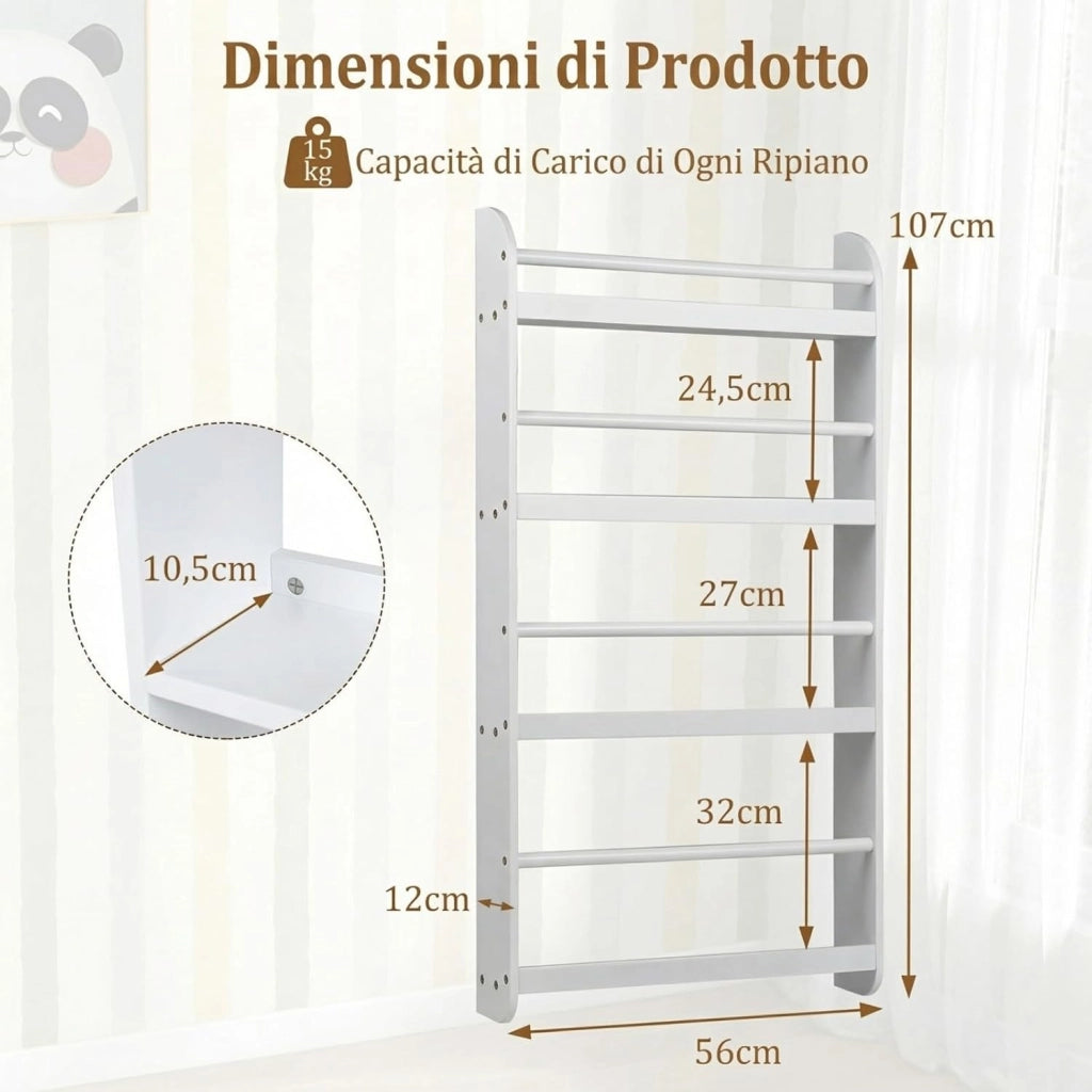 Libreria da Parete per Bambini, Scaffale Portaoggetti a 4 Livelli con Barre di Protezione e Bordi Rialzati, Libreria Salvaspazio per Cameretta per Bambini 3+ Anni, 56 x 12 x 107 cm (Bianco)