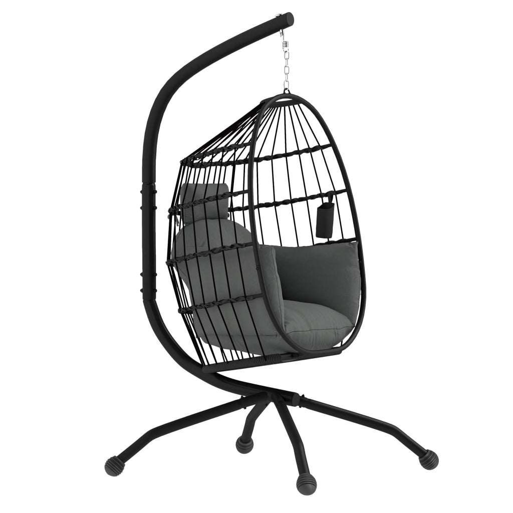 Poltrona Sospesa Amaca a Uovo 120x88x192 cm con Gancio Regolabile in Acciaio Nero e Grigio