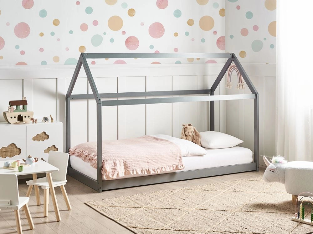 Letto a casetta per bambini in legno di pino grigio UE misura singola 90 x 200 cm con telaio a doghe letto per bambini piccoli