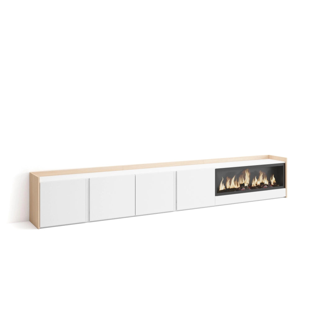 Mobile TV Soggiorno, 315x50x35 cm, Per TV fino a 80", Camino elettrico XXL, Bianco e Rovere soft