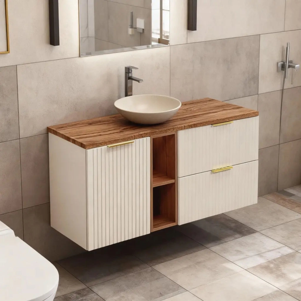 Set da bagno NOXERA 120 cm – Marrone congo & rovere wotan – piano per lavabo + nicchie