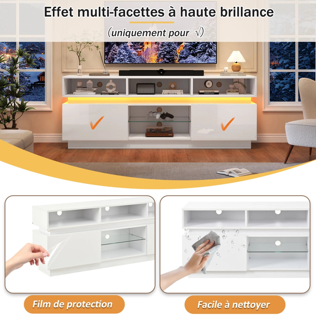 Mobile porta TV con LED e 10 vani contenitore ante lucide per soggiorno in MDF e vetro bianco 160 × 35 × 60 cm
