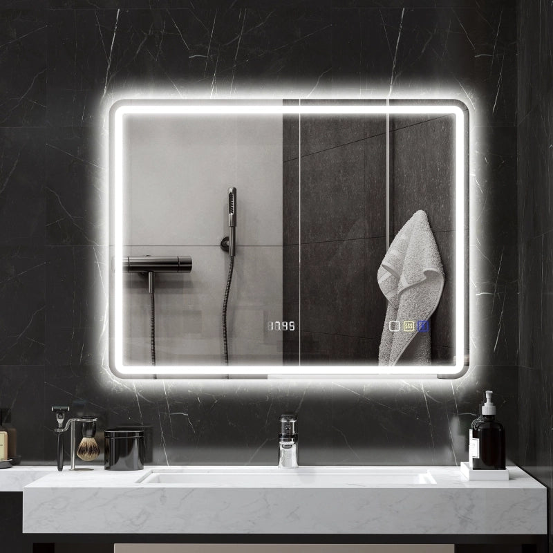 Specchio da bagno LED 70x90 cm con Bluetooth, orologio, funzione antiappannamento e touch control, argento