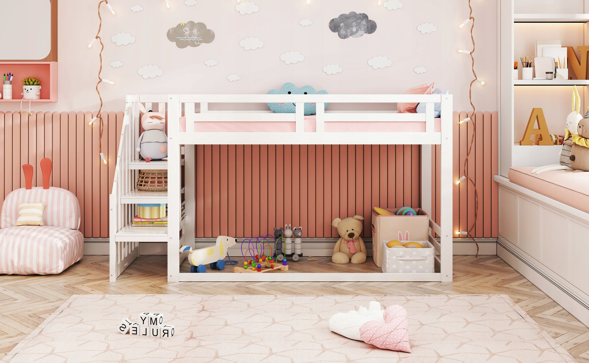 Letto a castello basso 90x200 - Xylo - Bianco con scala