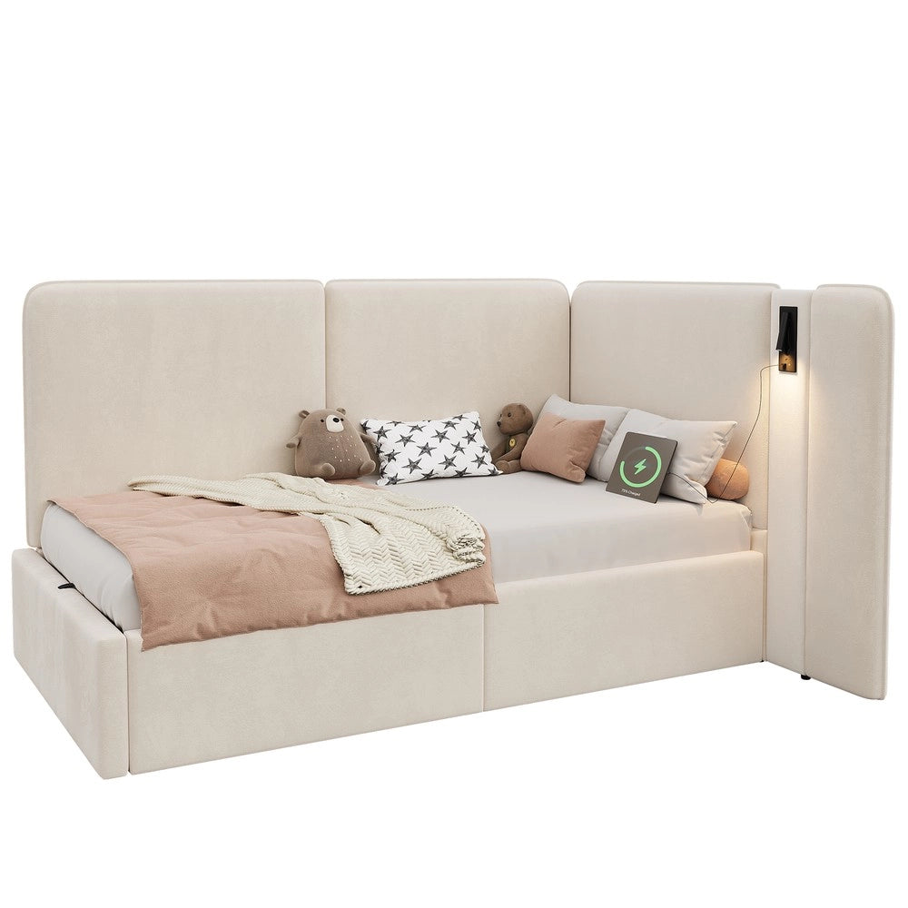 Letto Daybett 90x200 cm - Zephmum- Stoccaggio idraulico, USB, luce da lettura, velluto beige