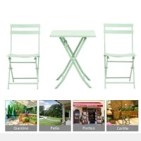 Set Tavolo e Sedie da Giardino ed Esterno in Metallo Verde, Set da 3 Pezzi Pieghevole e Salvaspazio