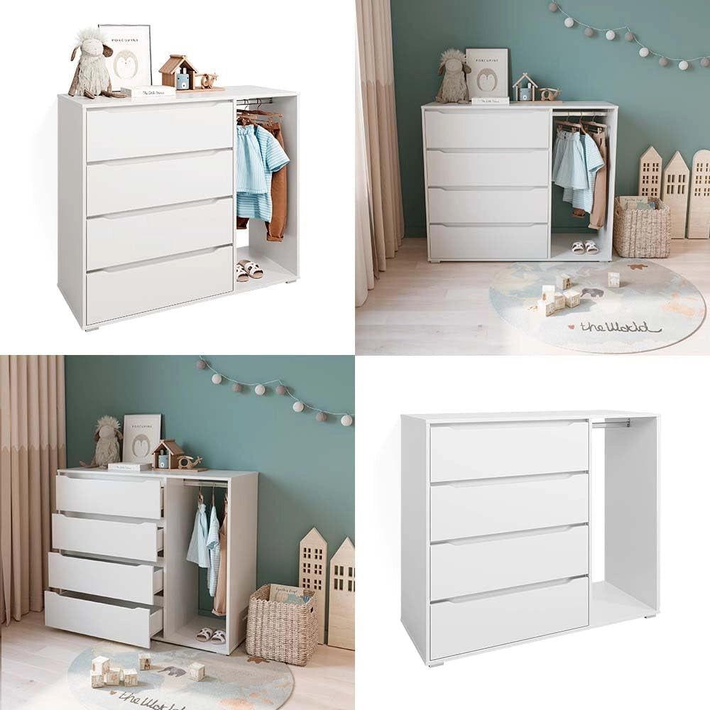Guardaroba per bambini Ruben, Bianco, 120 x 101.9 cm con 4 cassetti, adatto per riporre abbigliamento e accessori per bambini