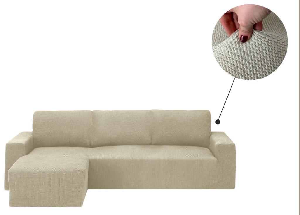 Copridivano Con Penisola Chaise Longue Tinta Unita Panna Mod Capri - Sinistra - Panna