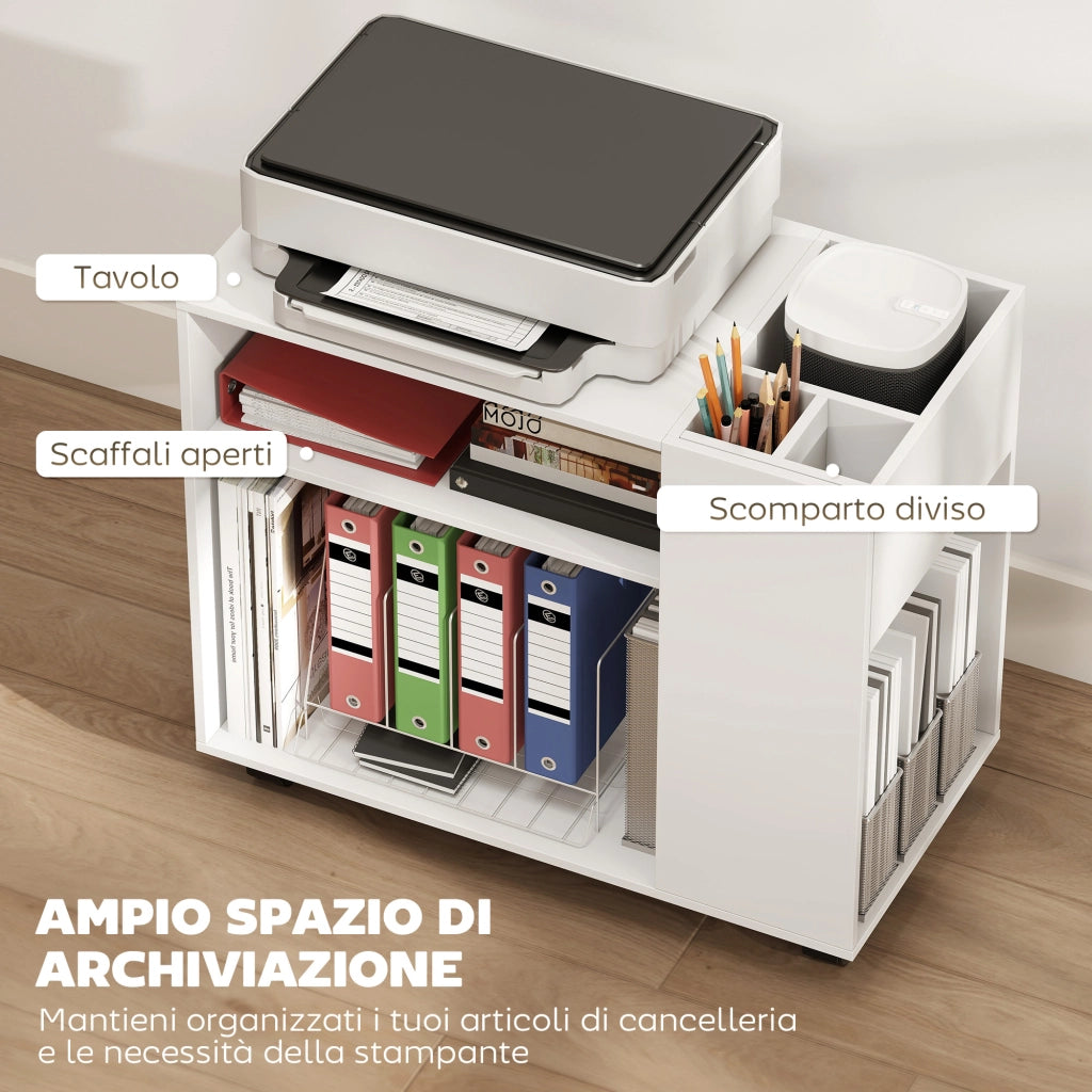 Tavolino da Salotto con Ruote, Vani Aperti, Ripiano e Scomparto, 70x36x60 cm, Bianco