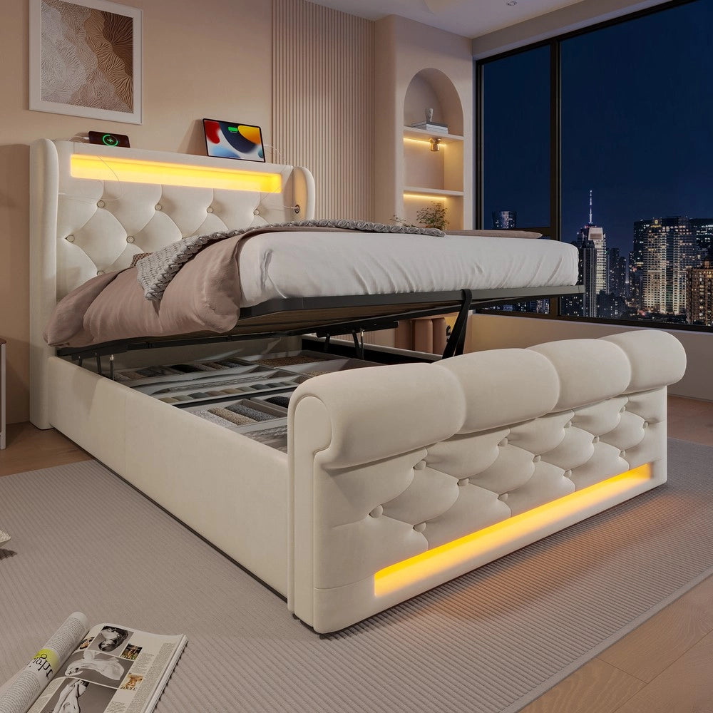 Letto Singolo Imbottito Contenitore con LED ¨C MINIMAL ¨C Velluto Beige, Idraulico, 90x200