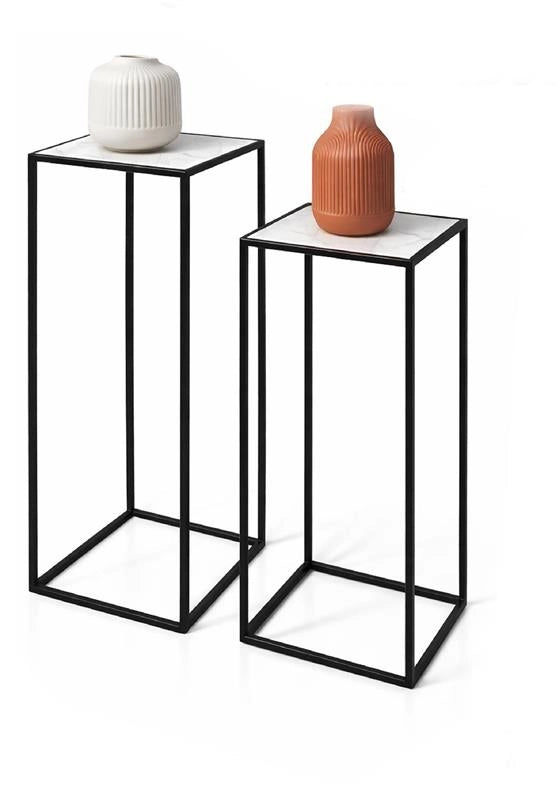 2 COLONNINE IN METALLO MISURE 23X60CM E 27X70CM CON TOP IN MDF SIMIL MARMO
