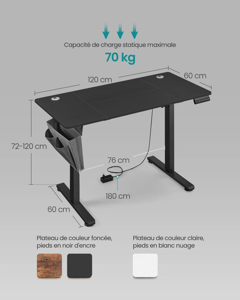 Scrivania elettrica regolabile in altezza 60 x 120 x (72-120) cm 4 altezze di memoria tasca portaoggetti nera 12_0004576
