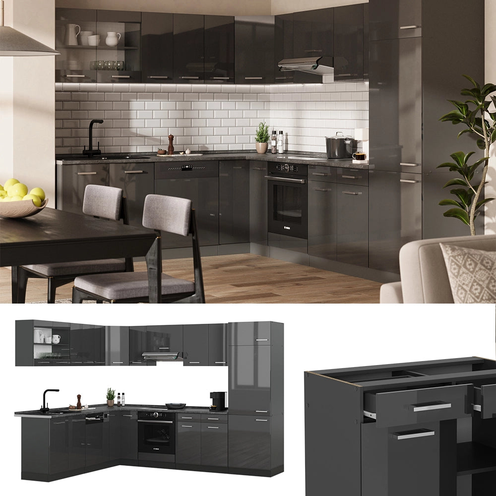 Cucina angolare completa R-Line Antracite lucido/Antracite 287 x 227 cm, PL Antracite Vicco