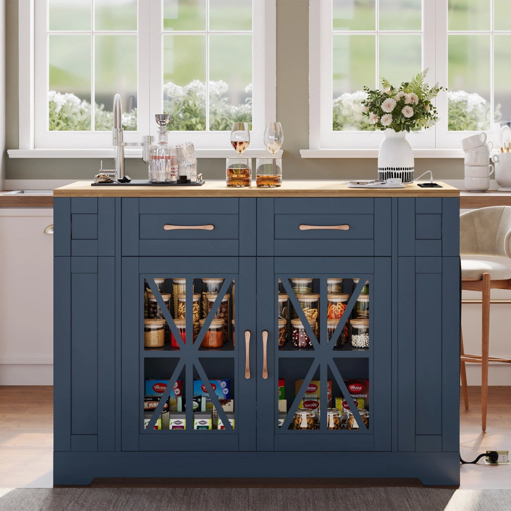 Carrello isola cucina con piano estensibile, prese AC e USB, ante in vetro, ruote con freno, 120x40(65)x92 cm
