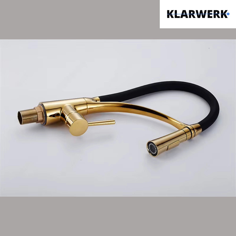 JANA | Rubinetto cucina girevole flessibile in acciaio inox oro lucido|Rubinetto miscelatore arco alto|Rubinetto alta pressione 360° 2 attacchi gastro