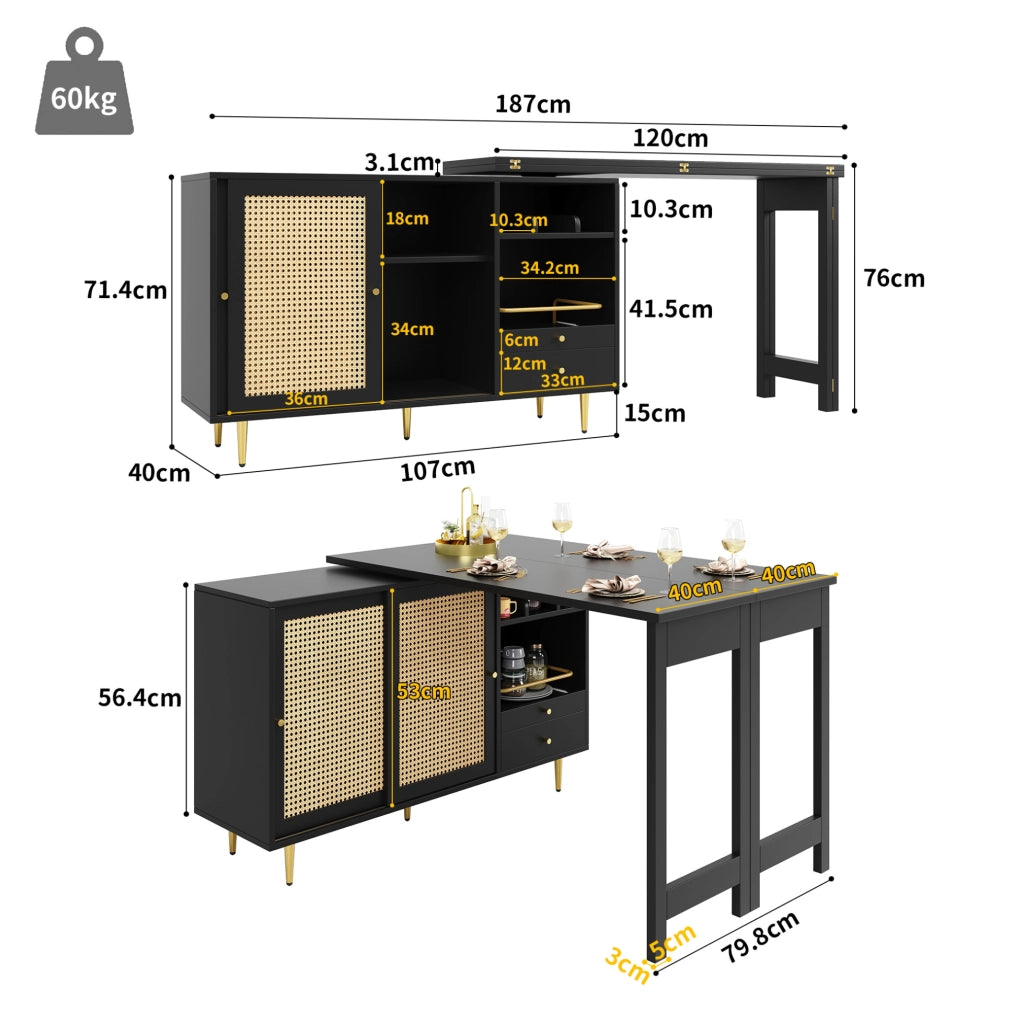 Tavolo da bar girevole 107x40x71.4 cm; estensibile; MDF; nero