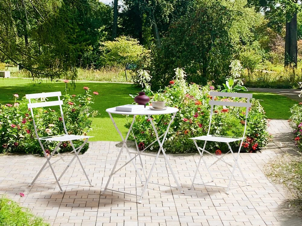 Set da Esterno 3 pezzi Tavolino e 2 Sedile Pieghevoli in Metallo Bianco Giardino Terrazzo Balcone