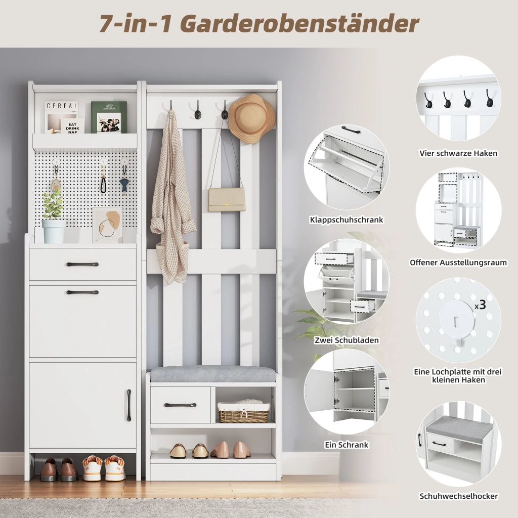 Mobili da ingresso con panca portascarpe e 2 cassetti, 7 ganci e pannello forato, bianco 110 × 35 × 175,5 cm