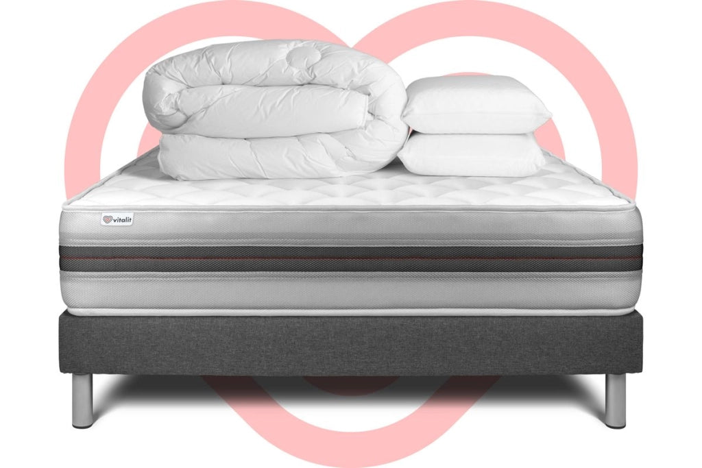 Pacchetto letto completo - Materasso 140x200cm + Box spring con doghe (kit) + 2 cuscini + Piumino - Vitalmemo Back