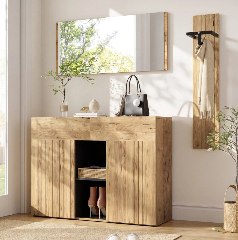 Set ingresso con specchio, appendiabiti e scarpiera in legno e nero 125x35x178 cm