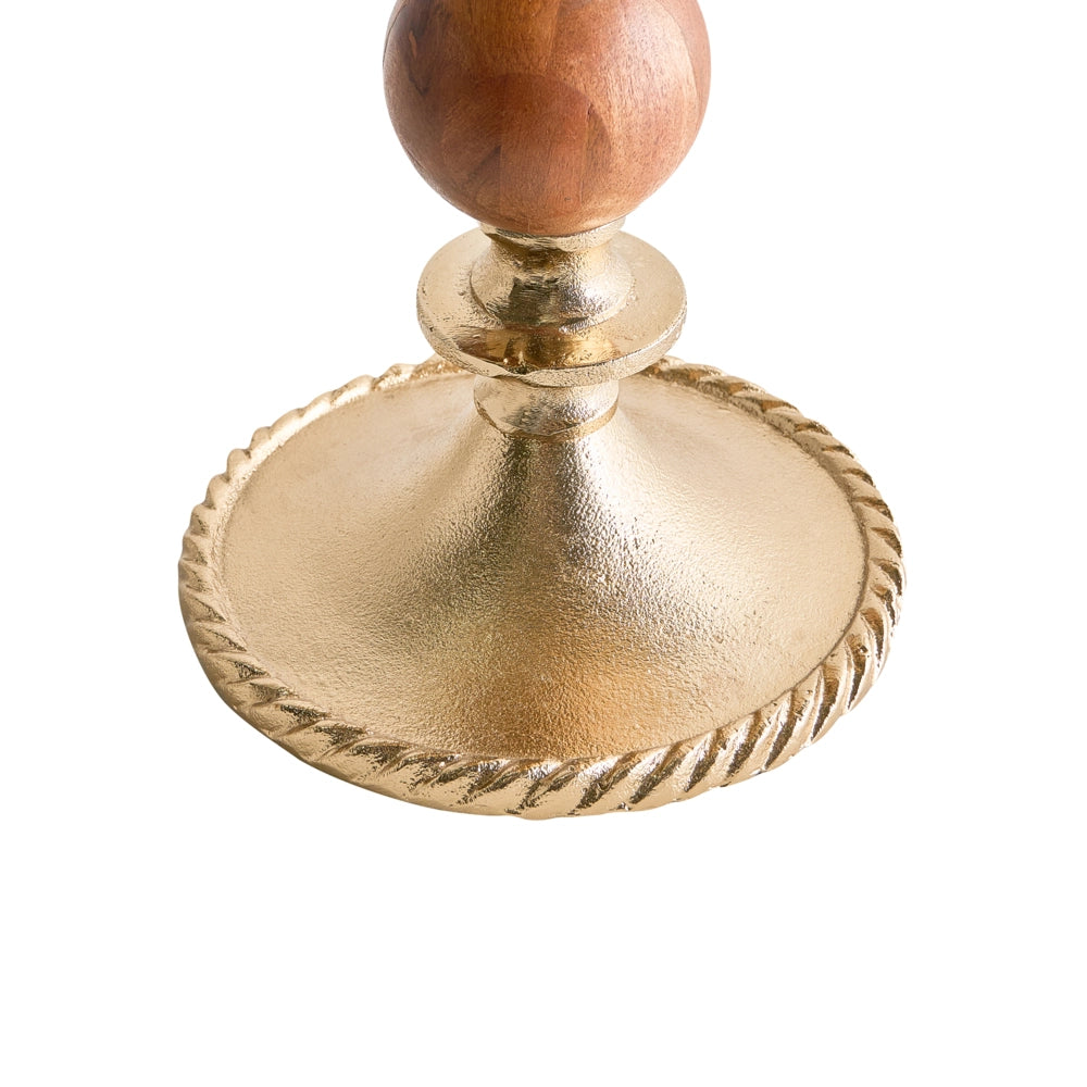 Portacandele in alluminio e legno di acacia design moderno color oro 31 cm
