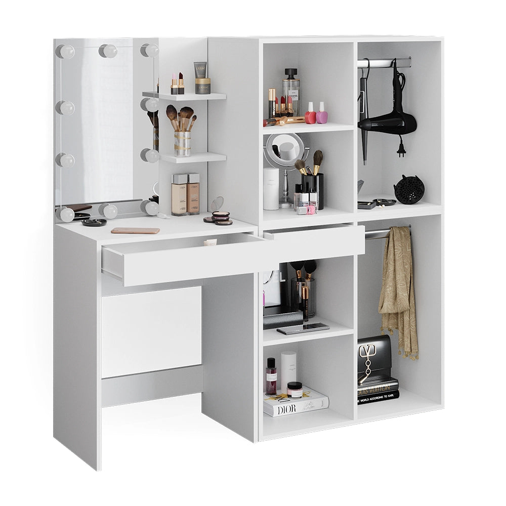 Vicco Tavolo da toeletta Bianco 140 cm con illuminazione LED e armadi