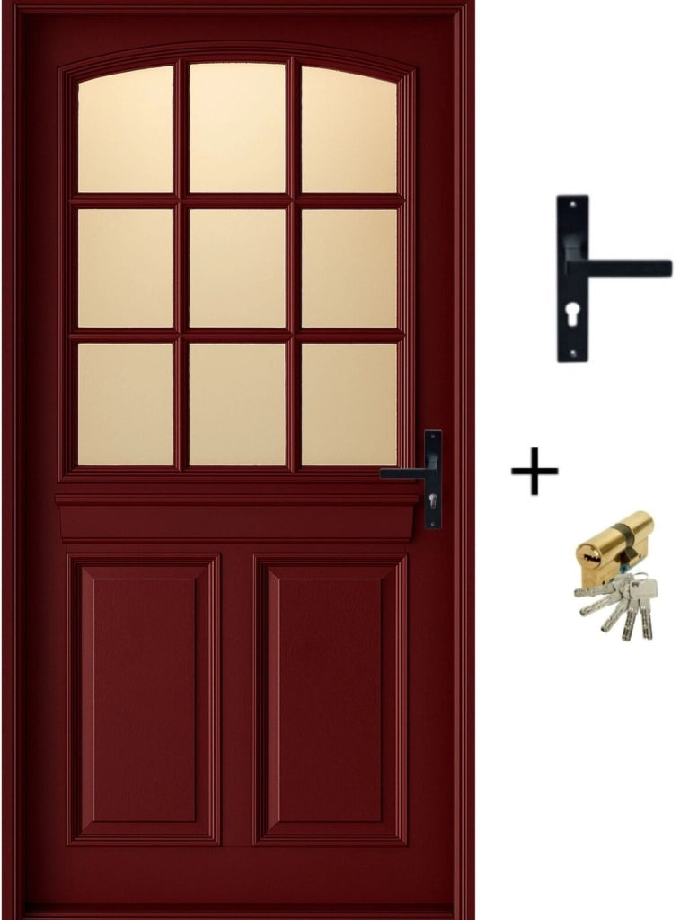 Porta d'ingresso in legno vitreo, Alize RAL 3004, H,215xl,90 p,sinistra  + Maniglia e Fusto (010723NO) Dimensioni Tabella senza maniglia
