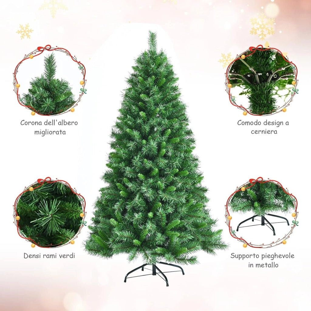 Albero di Natale Artificiale 180 cm, con 645 Rami, Base Pieghevole di Metallo, Verde, per Uso Domestico e Commerciale