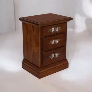 Comodino in legno arte povera 3 cassetti noce scuro decorato a mano