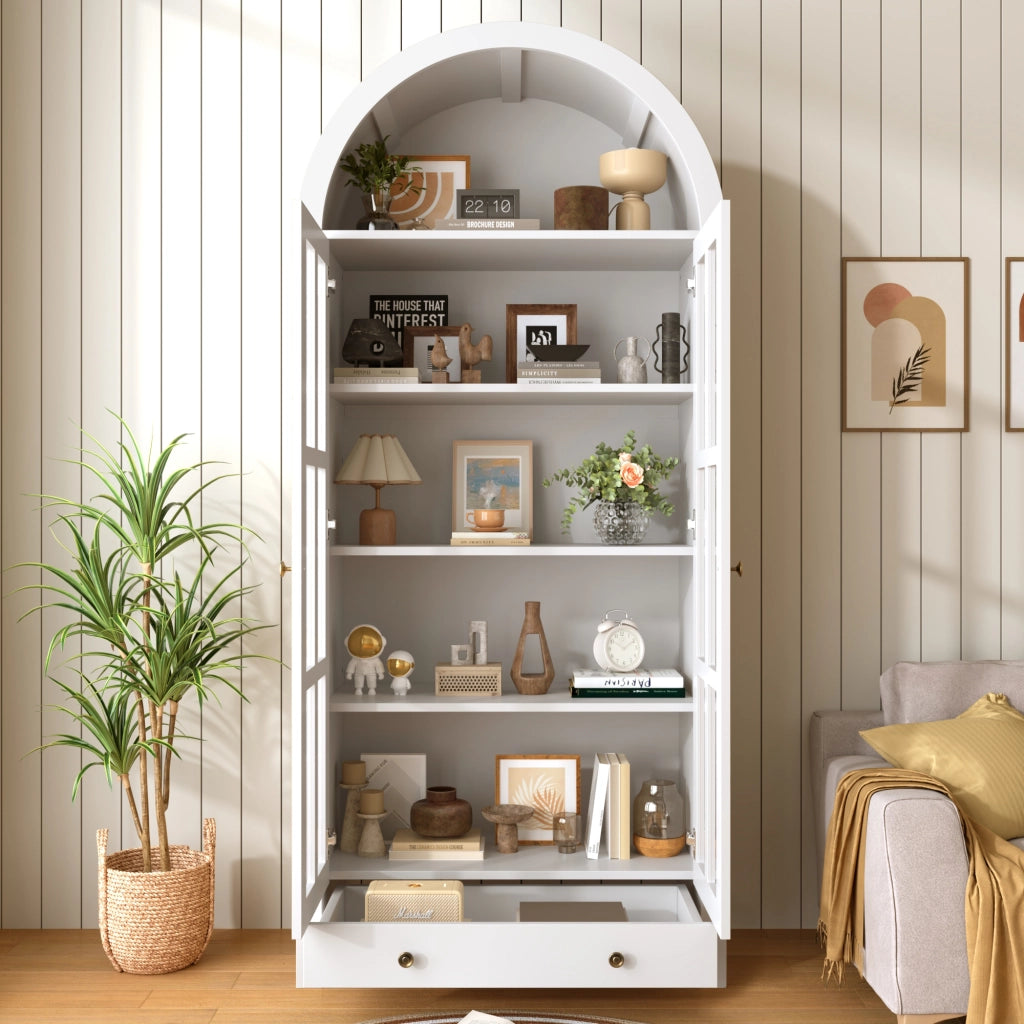 Vetrina moderna ad arco 75 x 35 x 170;5 cm con ripiani e cassetto; MDF; bianca