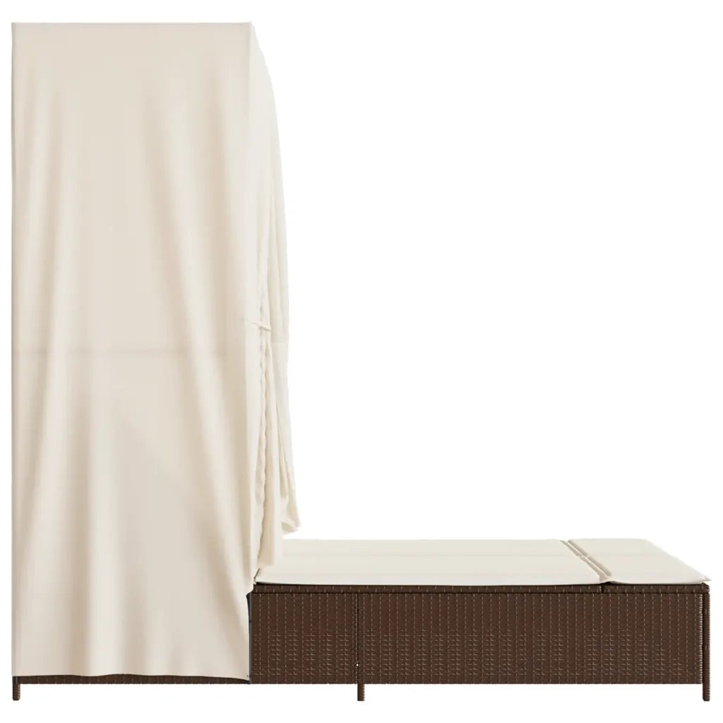 Lettino Prendisole | Sdraio da giardino | Lettino da sole con Tetto e Tende Marrone in Polyrattan