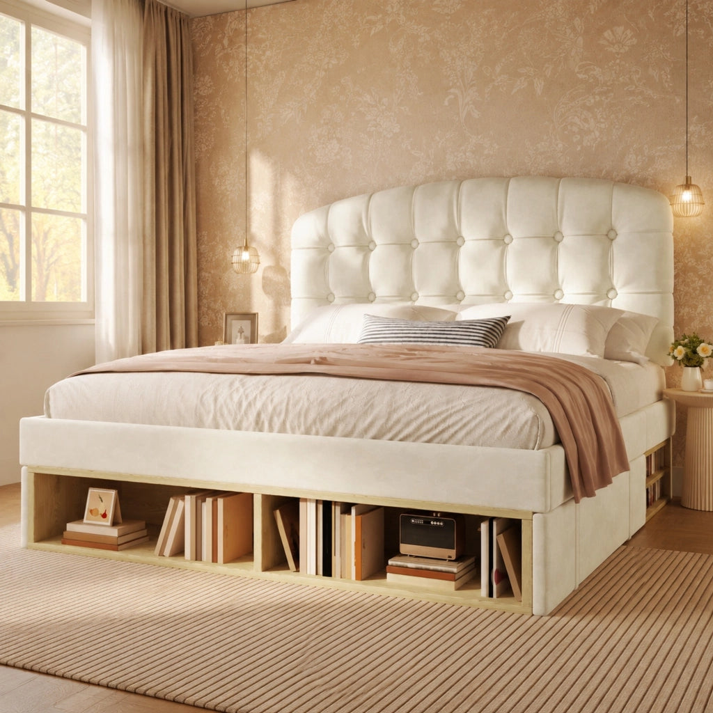Letto matrimoniale 140x190 cm beige con cassetti e rete