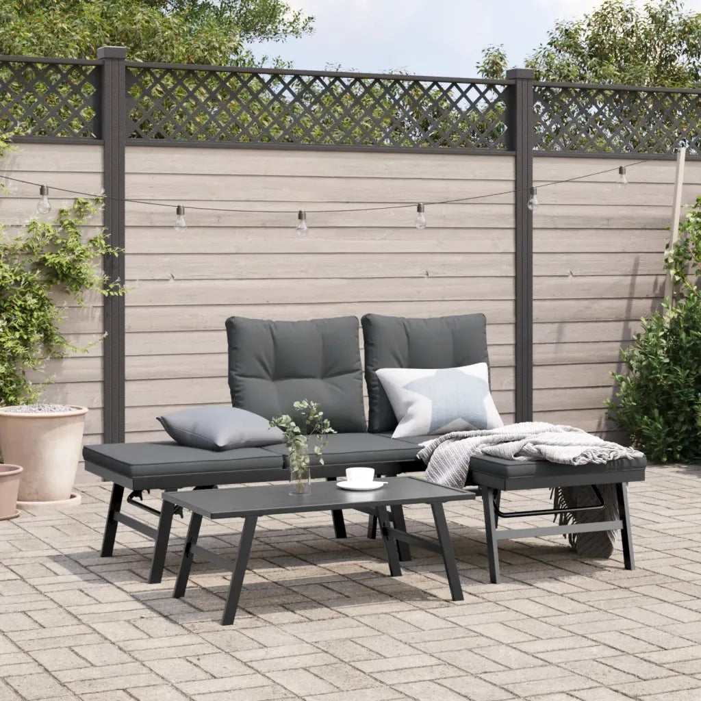 Panche Giardino | Panca da Giardino con Cuscini 2 pz Nere Acciaio Verniciato Polvere