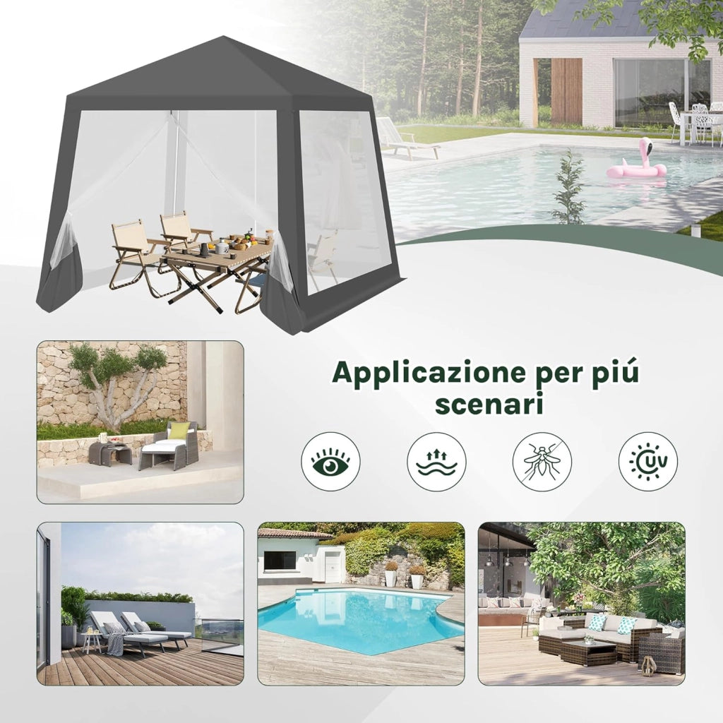 Gazebo 3x3 Pieghevole Impermeabile, Pergolato da Giardino, Gazebo da Esterni, con Pareti Laterali a Zanzariera, per Campeggio, Feste, Grigio