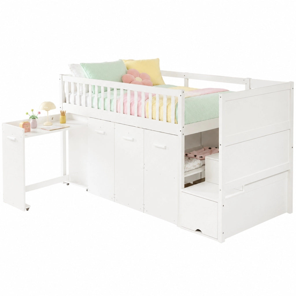 Letto a castello multifunzione 90x200 cm con scrivania; armadi e scaletta contenitore; bianco