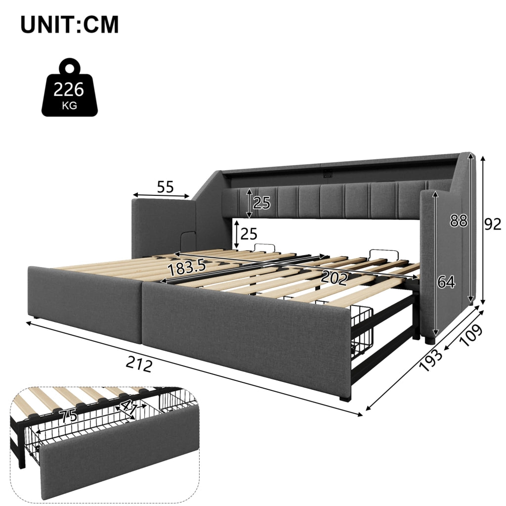 Letto estraibile multifunzionale 90 x 200 cm con USB, Type-C, LED e 2 cassetti