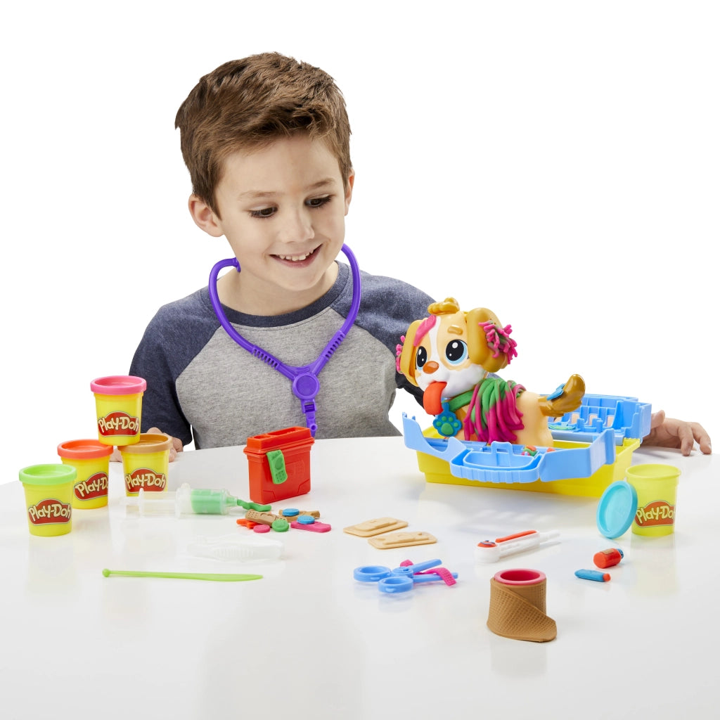 Play-Doh - Set da Veterinario, playset con Cane Giocattolo, trasportino, 10 Strumenti, 5 Colori