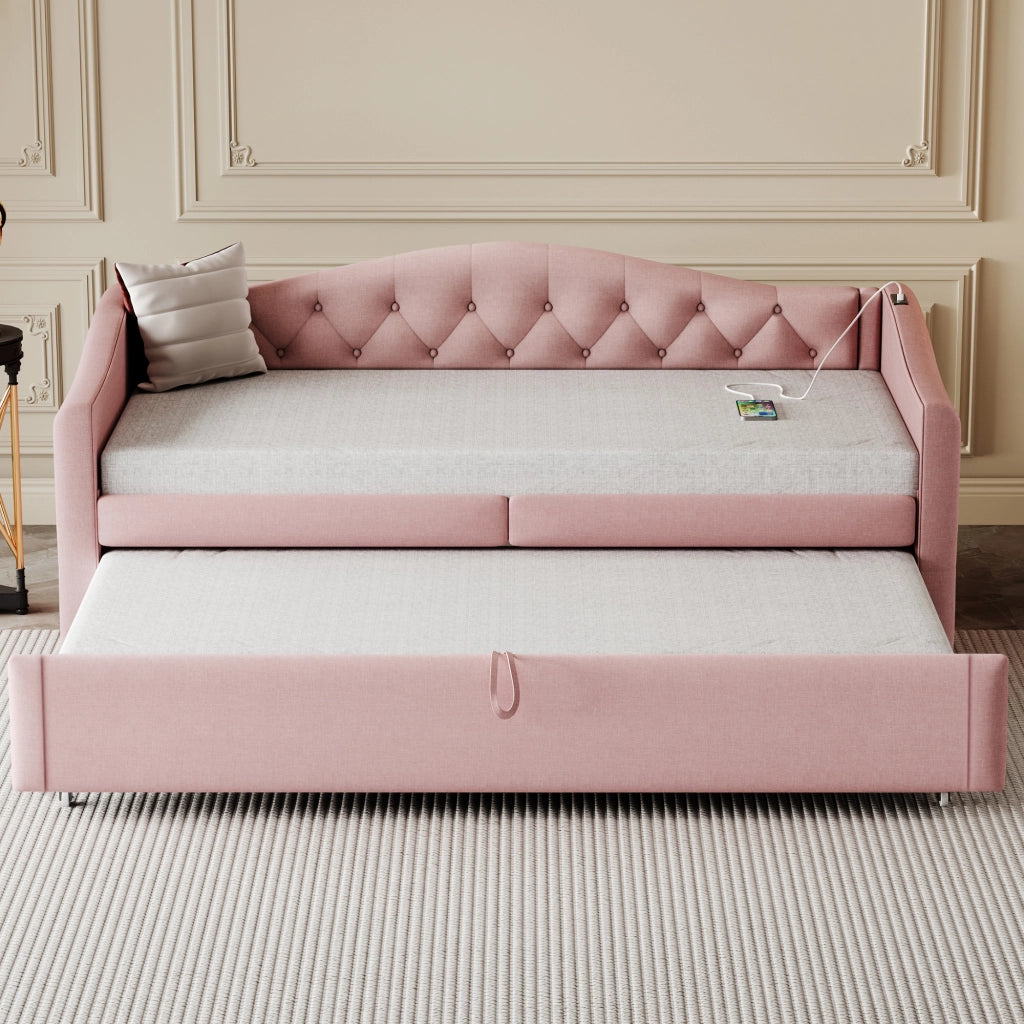 Letto divano estraibile 90 × 200 cm con USB et posto letto aggiuntivo, senza materasso, in tessuto, rosa