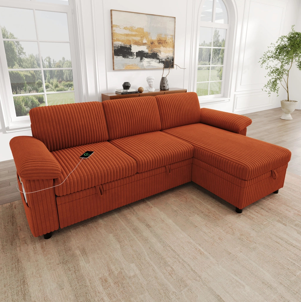 Divano angolare a L con letto estraibile; 212x150 cm; in corduroy arancione