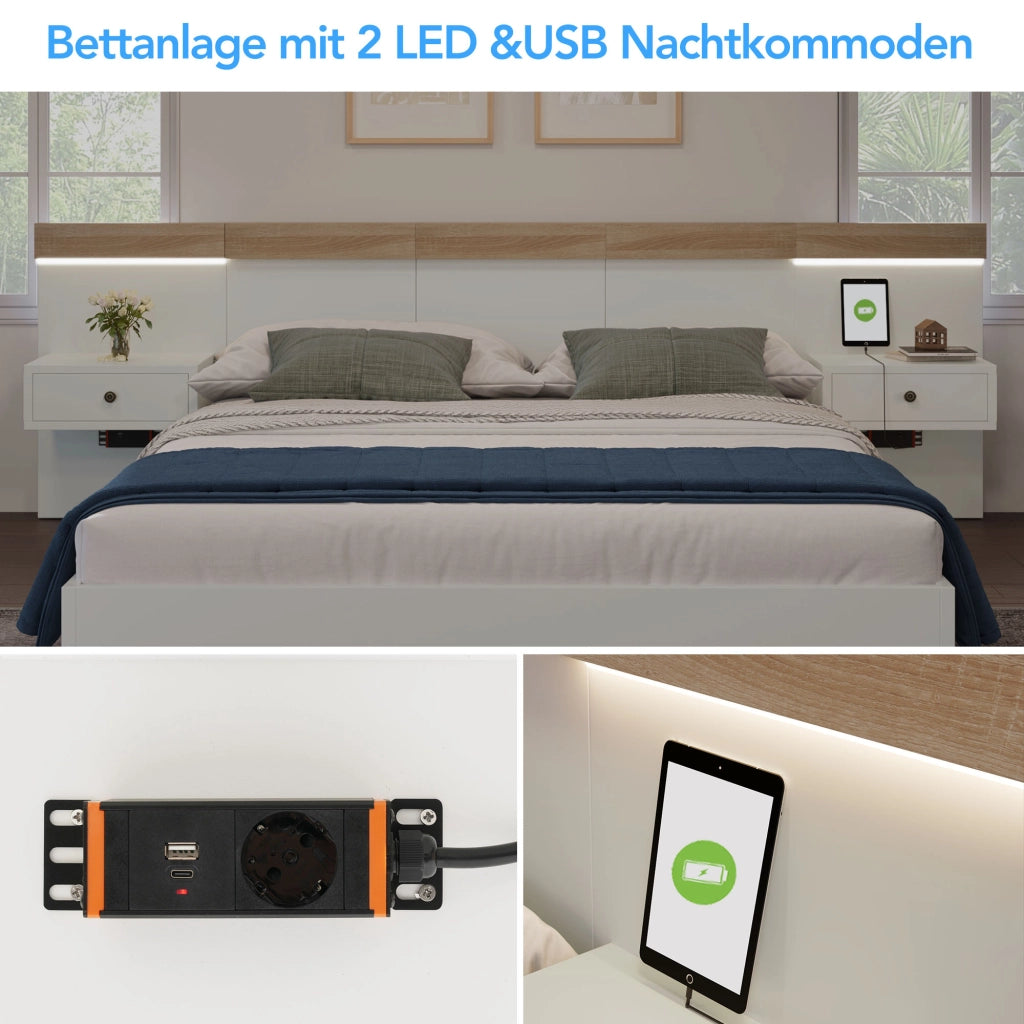 Set camera – 140x200 cm – 2 comodini LED USBC – rovere Sonoma/bianco