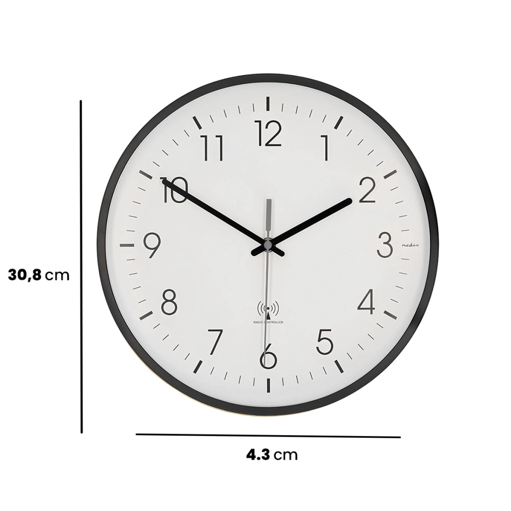 Orologio da Parete Radiocontrollato 30 cm Silenzioso Sincronizzazione Automatica Bianco / Nero Nedis