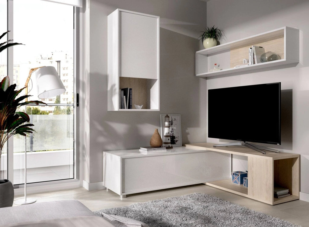 Parete attrezzata Fortuna, Set da soggiorno modulare ad angolo, Mobile salotto multiposizione, 230x41h180 cm, Bianco e Rovere