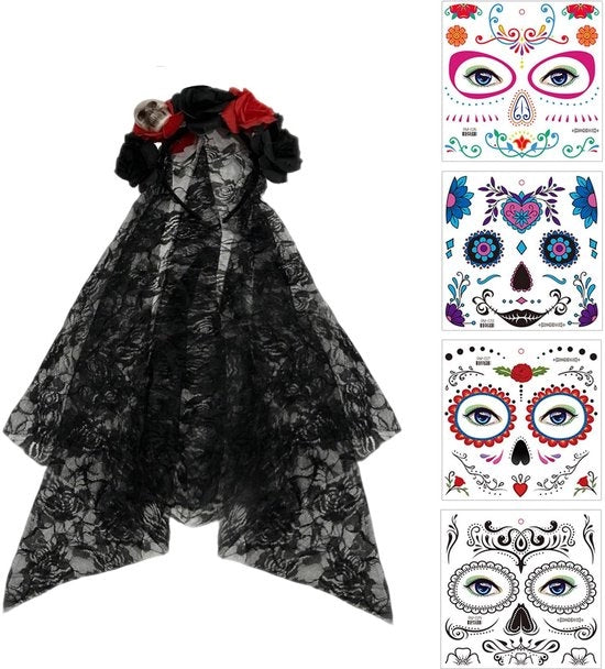 Cintura Dia de Los Muertos - Halloween/Karnaval - Collana per Capelli - Disegno per Tatuaggio - Rosso/Nero - Design del Calendario