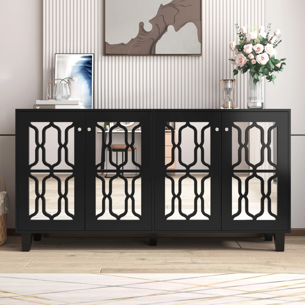 Credenza nera con superficie a specchio; 4 ante e 2 ripiani interni mobili; 160x40x84 cm in MDF