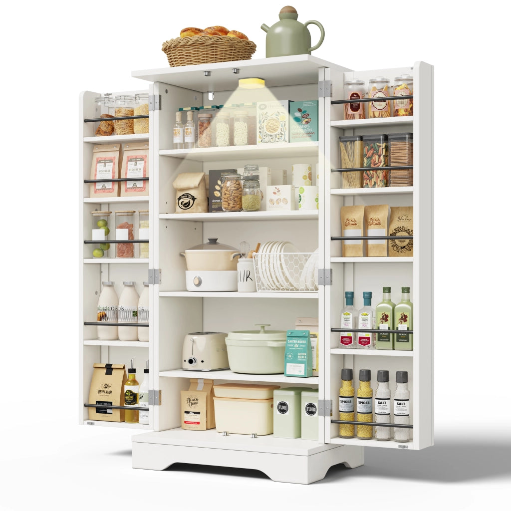Mobile da Cucina 60x40x120 cm con LED Sensore; Doppia Anta; Ripiani Regolabili e Vani sulle Porte