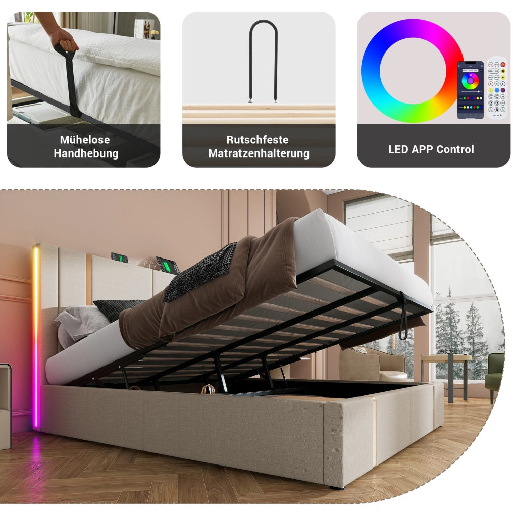 Letto matrimoniale 180x200 cm con contenitore; LED RGB e USB-C; tessuto beige
