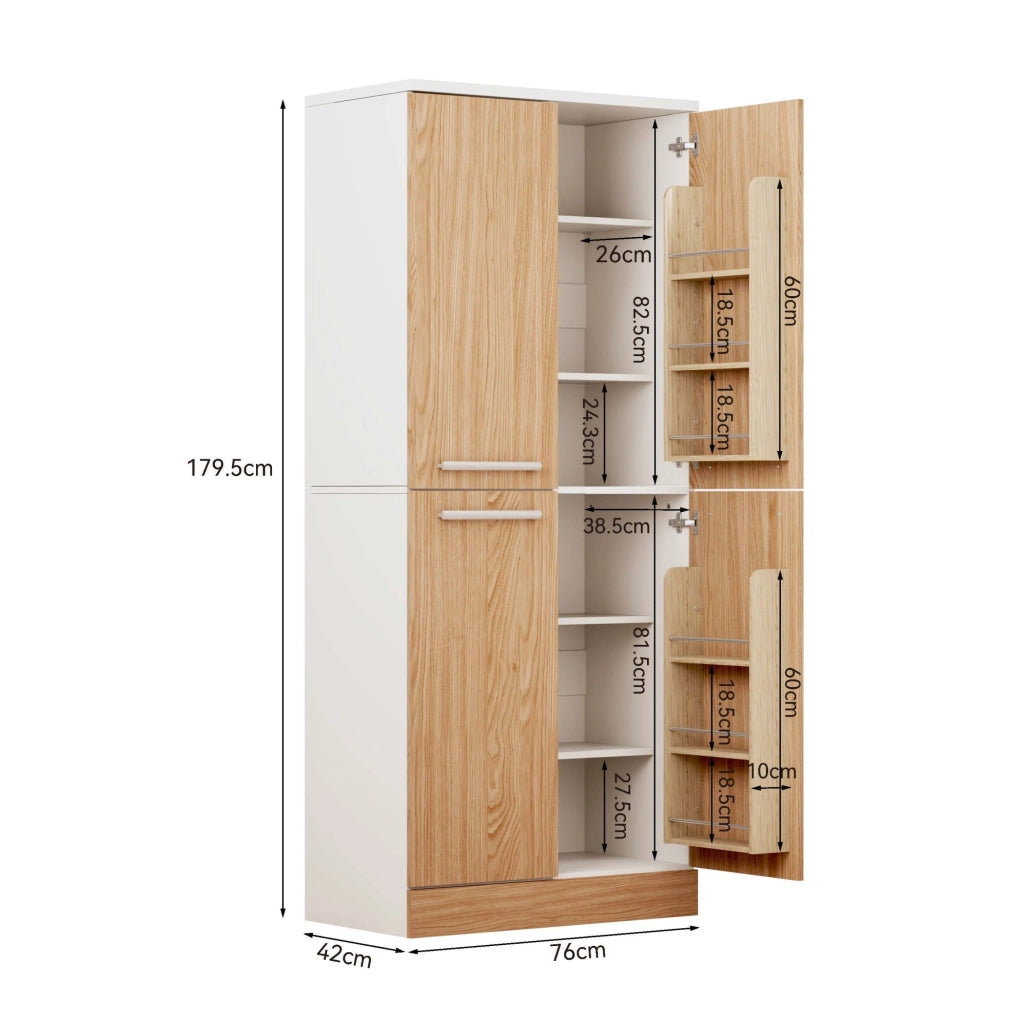 Mobile dispensa 76x42x180 cm con 4 ante e ripiani regolabili in MDF bianco e naturale