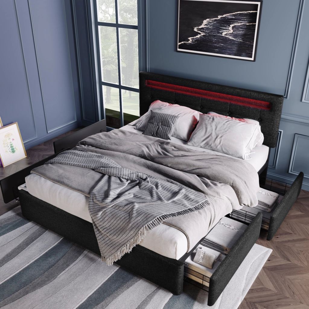 Letto con Cassetti 140 x 200 cm; Letto Matrimoniale con 4 Cassetti; Testiera Regolabile e LED; senza Materasso; Nero